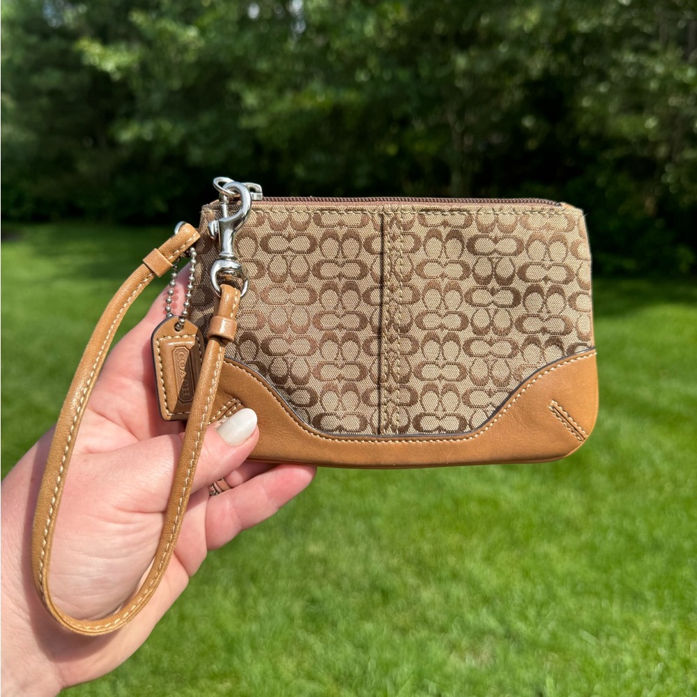 Coach Signature Brown and Tan Wristlet